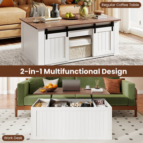 Lift Top Coffee Table, 120 cm Farmhouse Center Table with Barn Sliding Doors, Cabinets