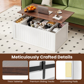 Lift Top Coffee Table, 120 cm Farmhouse Center Table with Barn Sliding Doors, Cabinets