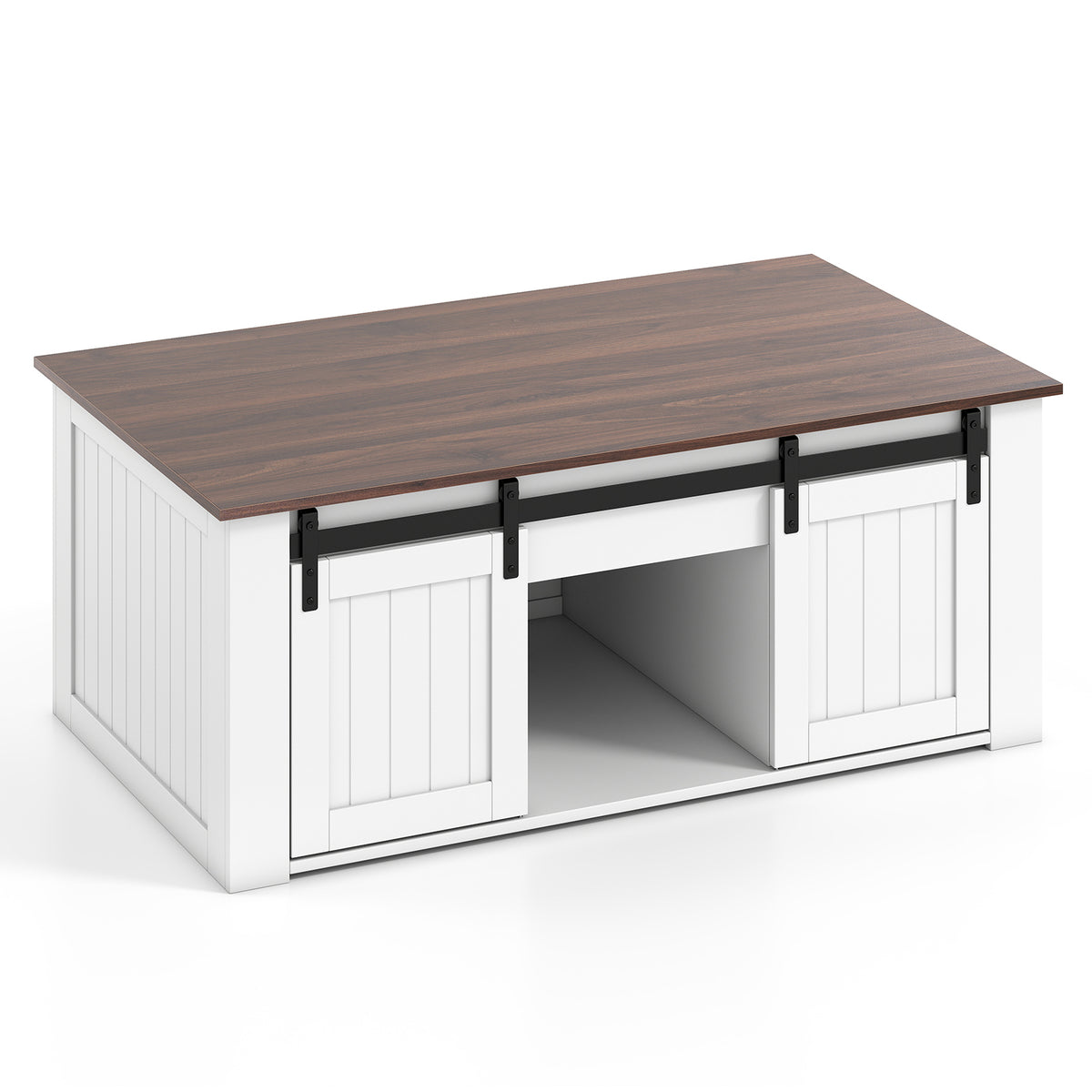 Lift Top Coffee Table, 120 cm Farmhouse Center Table with Barn Sliding Doors, Cabinets