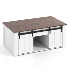 Lift Top Coffee Table, 120 cm Farmhouse Center Table with Barn Sliding Doors, Cabinets