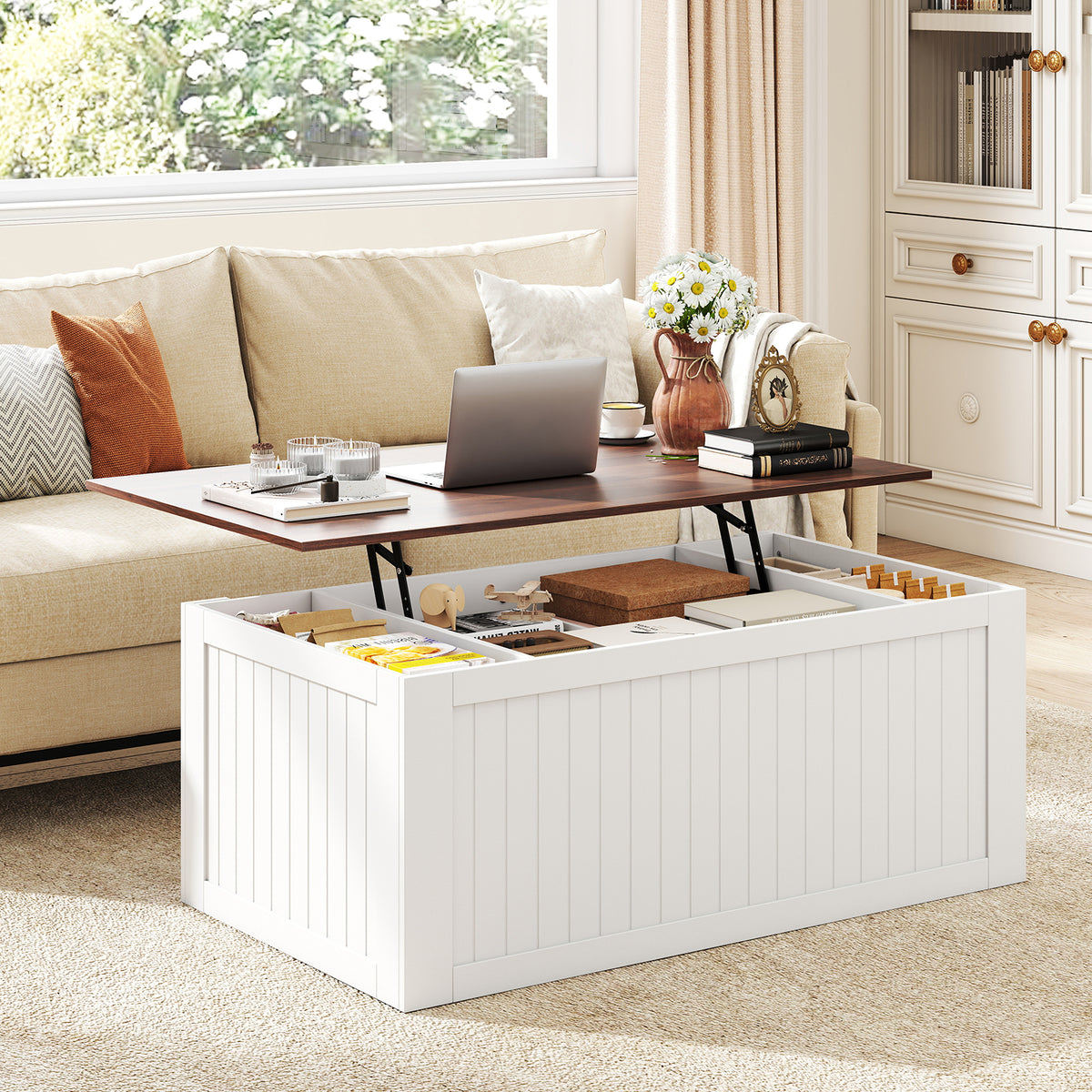 Lift Top Coffee Table, 120 cm Farmhouse Center Table with Barn Sliding Doors, Cabinets
