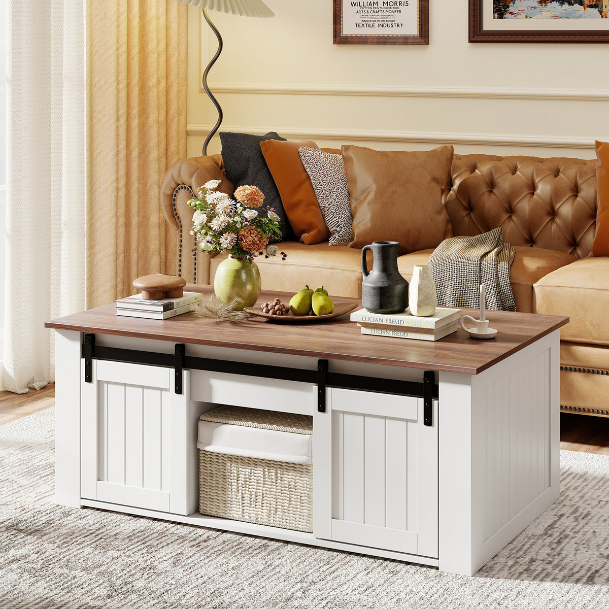Lift Top Coffee Table, 120 cm Farmhouse Center Table with Barn Sliding Doors, Cabinets