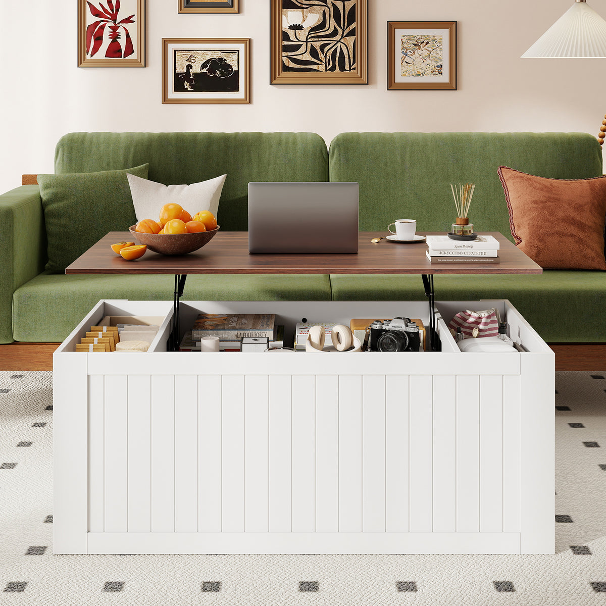 Lift Top Coffee Table, 120 cm Farmhouse Center Table with Barn Sliding Doors, Cabinets