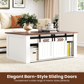 Lift Top Coffee Table, 120 cm Farmhouse Center Table with Barn Sliding Doors, Cabinets