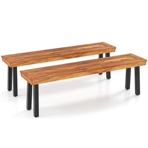 Set of 1/2 Outdoor Acacia Wood Bench, 2-3 People Backless Garden Front Benches with Metal Frame, Patio Wooden Dining Benches for Deck, Yard and Entryway