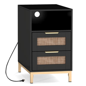 Rattan Nightstand with Charging Station, Boho Side Table with Open Storage Shelf