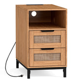 Rattan Nightstand with Charging Station, Boho Side Table with Open Storage Shelf