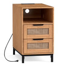 Rattan Nightstand with Charging Station, Boho Side Table with Open Storage Shelf