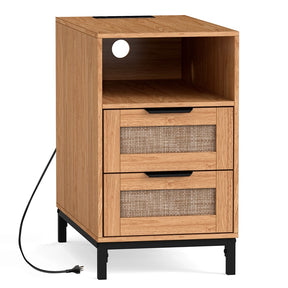 Rattan Nightstand with Charging Station, Boho Side Table with Open Storage Shelf