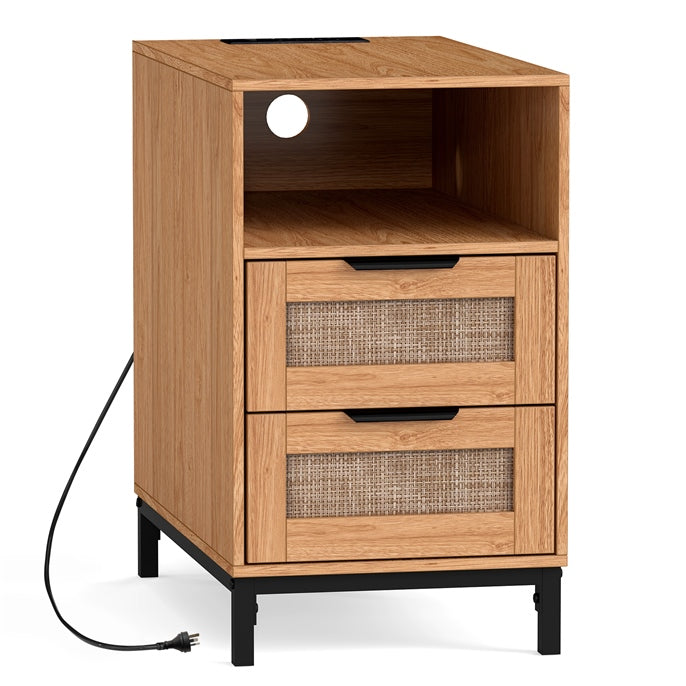 Rattan Nightstand with Charging Station, Boho Side Table with Open Storage Shelf