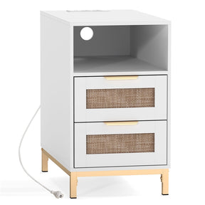 Rattan Nightstand with Charging Station, Boho Side Table with Open Storage Shelf