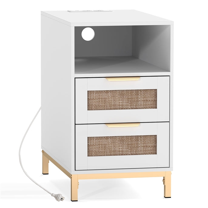 Rattan Nightstand with Charging Station, Boho Side Table with Open Storage Shelf