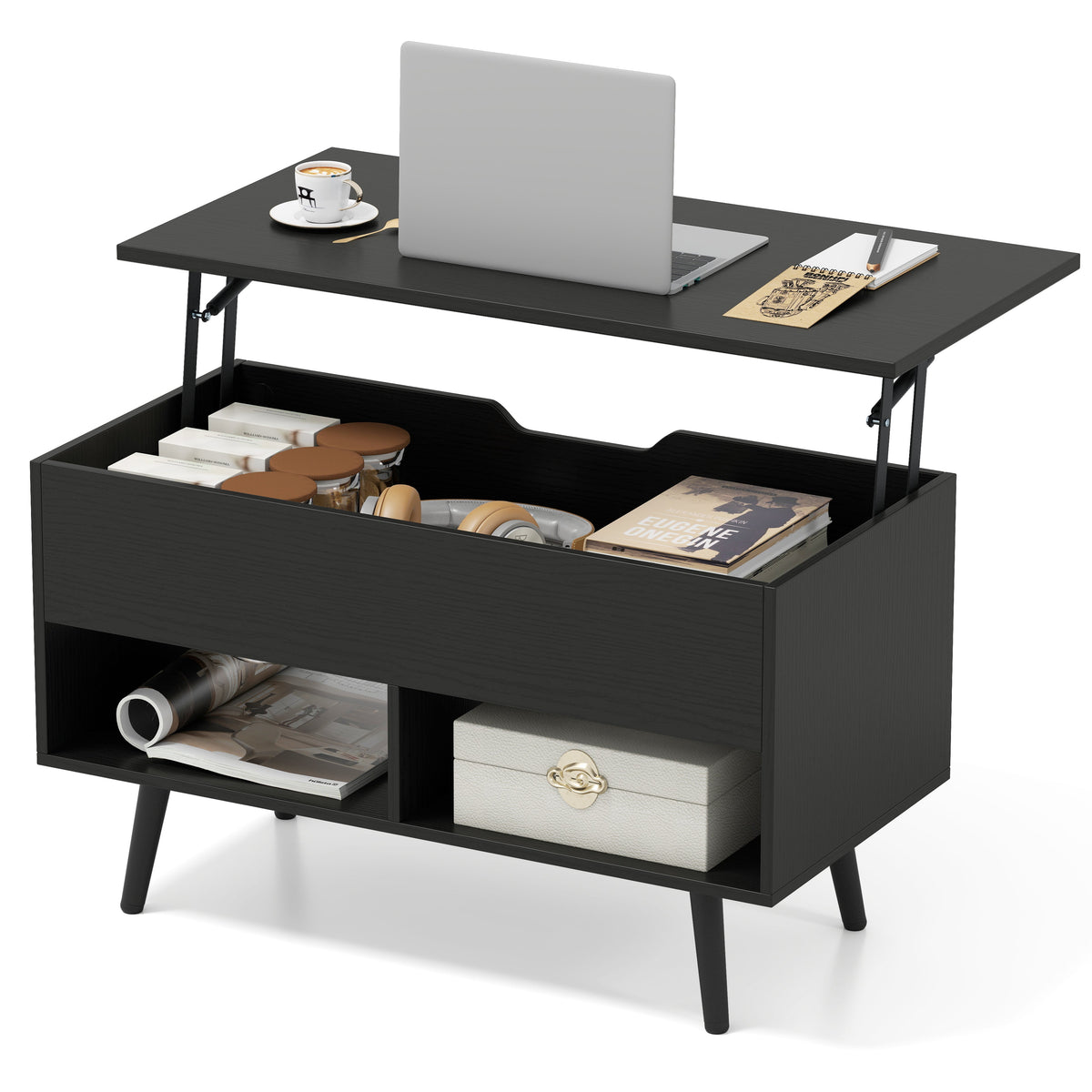 80cm Lift Top Coffee Table, Modern Wooden Lift Top Dining Table w/ Hidden Storage Compartment & 2 Storage Shelves