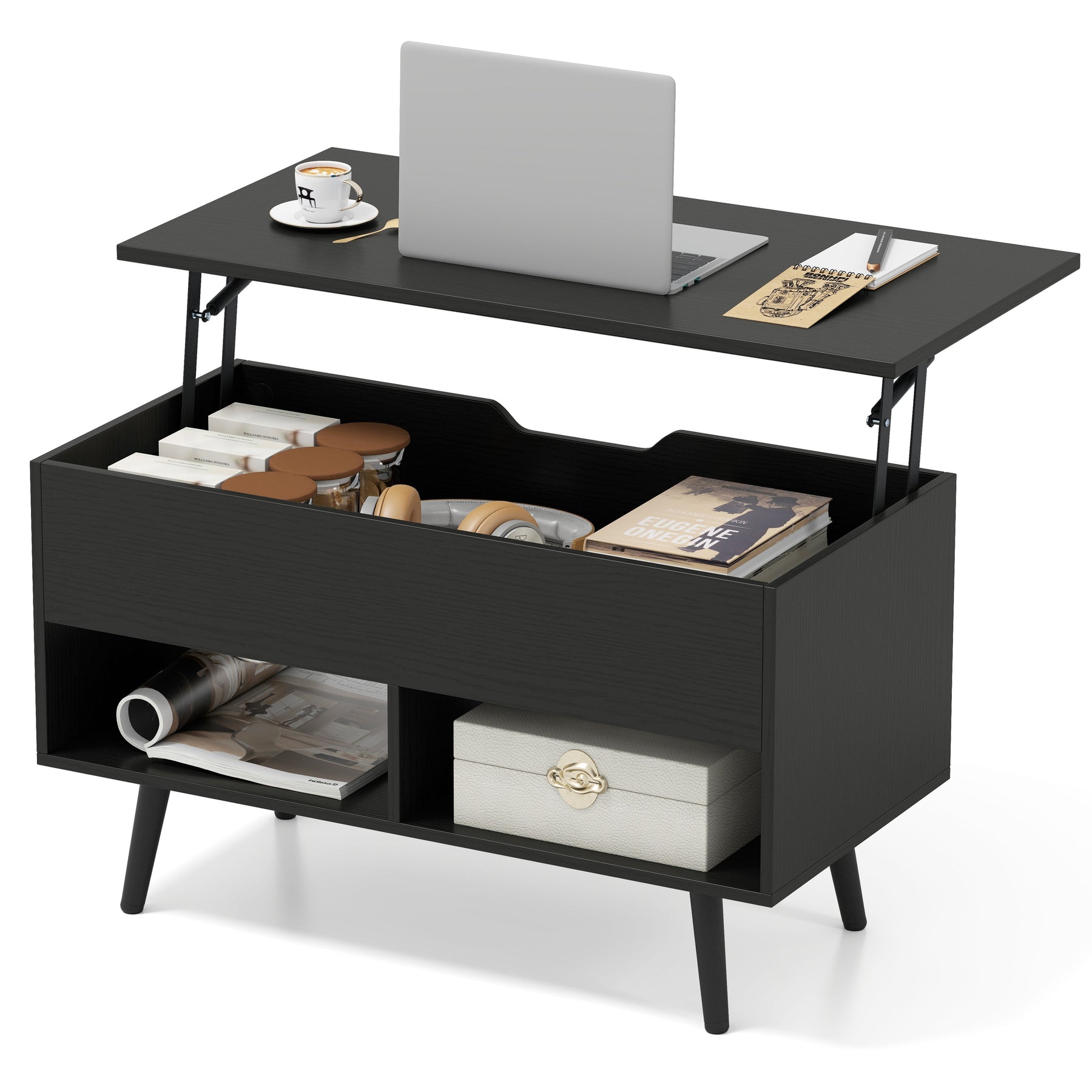 80cm Lift Top Coffee Table, Modern Wooden Lift Top Dining Table w/ Hidden Storage Compartment & 2 Storage Shelves