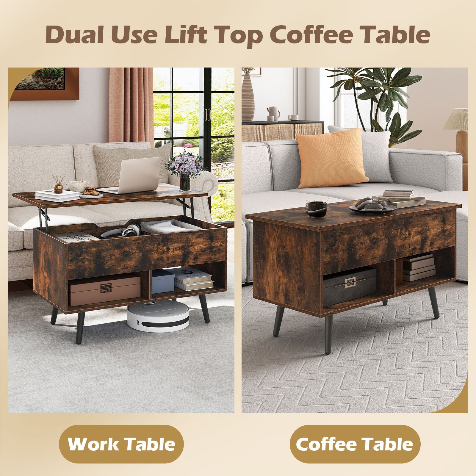80cm Lift Top Coffee Table, Modern Wooden Lift Top Dining Table w/ Hidden Storage Compartment & 2 Storage Shelves