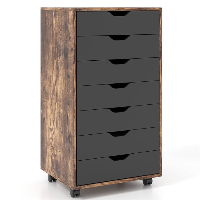 7-Drawer Storage Cabinet, Mobile File Organizer with 4 Universal Casters, Wooden Vertical Filing Dresser Chest on Lockable Wheels for Office, Study, Living Room, Bedroom