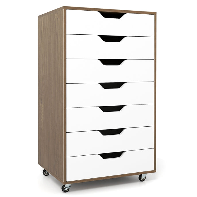 7-Drawer Storage Cabinet, Mobile File Organizer with 4 Universal Casters, Wooden Vertical Filing Dresser Chest on Lockable Wheels for Office, Study, Living Room, Bedroom