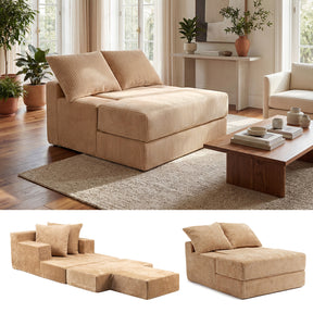 Folding Sofa Bed, Convertible Sleeper Chair with Dual Pillows, Back Support, Machine-washable Coral Fleece Covers, No Assembly, Comfy Floor Sofa Couch for Living Room Bedroom, Apartment