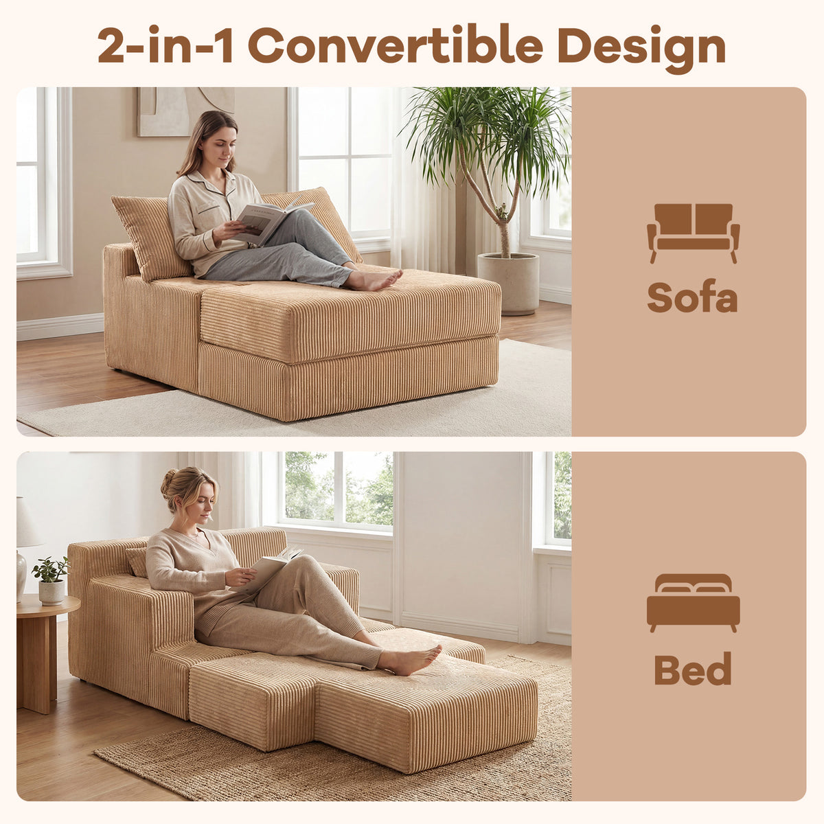 Folding Sofa Bed, Convertible Sleeper Chair with Dual Pillows, Back Support, Machine-washable Coral Fleece Covers, No Assembly, Comfy Floor Sofa Couch for Living Room Bedroom, Apartment