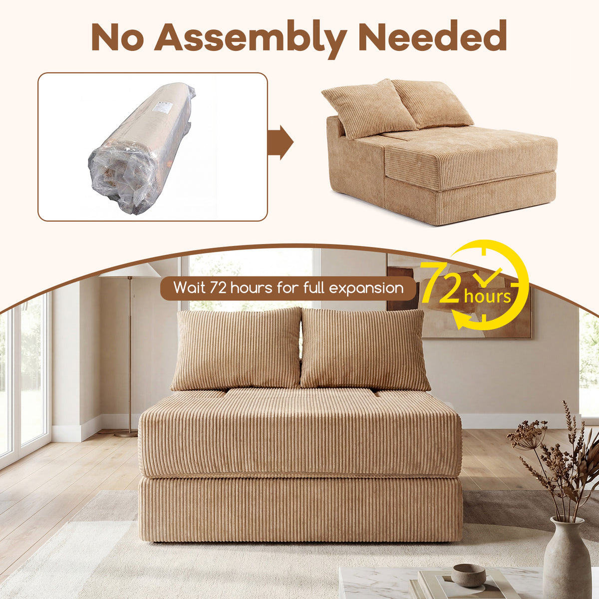 Folding Sofa Bed, Convertible Sleeper Chair with Dual Pillows, Back Support, Machine-washable Coral Fleece Covers, No Assembly, Comfy Floor Sofa Couch for Living Room Bedroom, Apartment