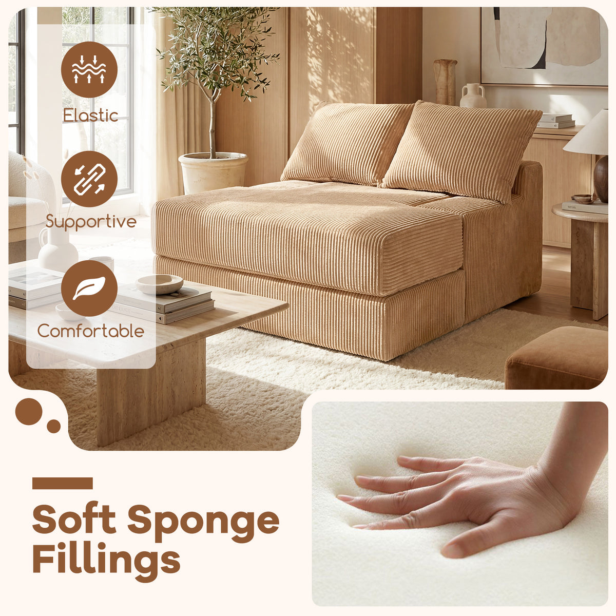 Folding Sofa Bed, Convertible Sleeper Chair with Dual Pillows, Back Support, Machine-washable Coral Fleece Covers, No Assembly, Comfy Floor Sofa Couch for Living Room Bedroom, Apartment