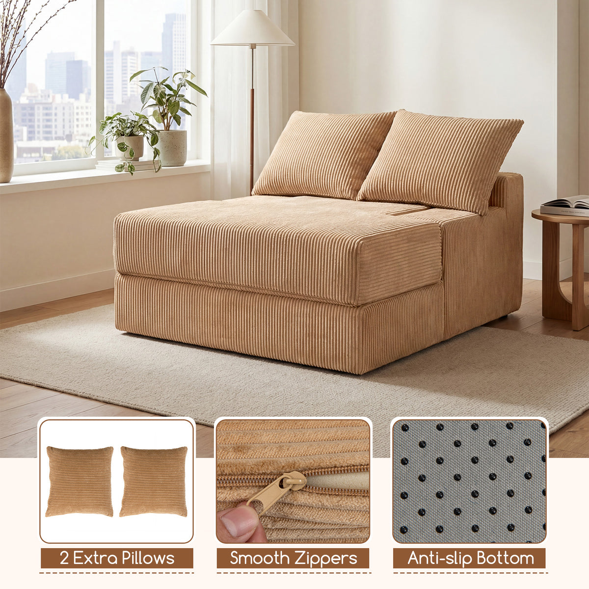 Folding Sofa Bed, Convertible Sleeper Chair with Dual Pillows, Back Support, Machine-washable Coral Fleece Covers, No Assembly, Comfy Floor Sofa Couch for Living Room Bedroom, Apartment