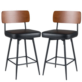 Padded Counter Barstools Set of 2, 360° Swiveling Counter Height Chairs with Wooden Backrest & Metal Legs