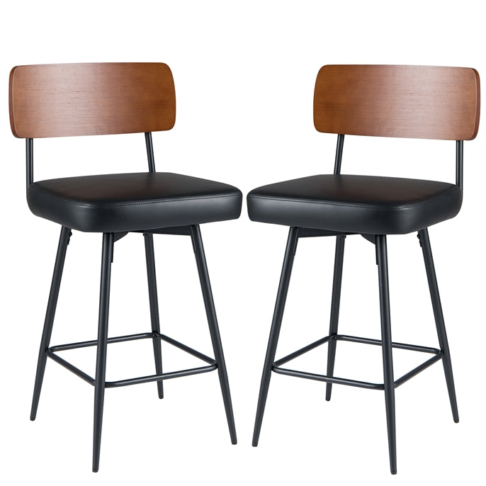 Padded Counter Barstools Set of 2, 360° Swiveling Counter Height Chairs with Wooden Backrest & Metal Legs