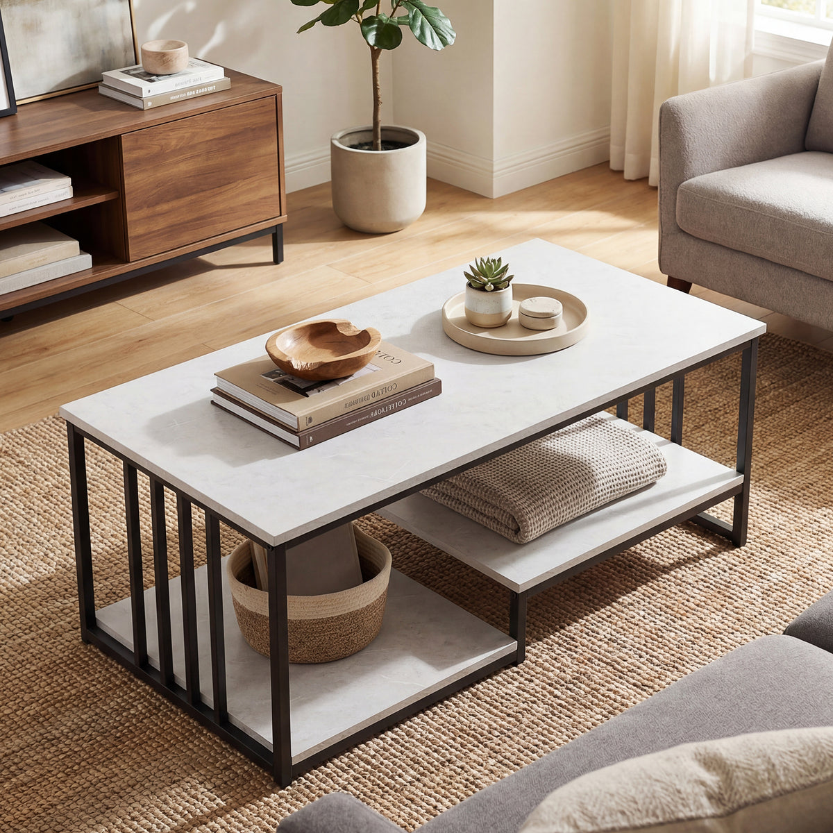 Industrial Coffee Table, Rectangular 2-Tier Center Table with Open Storage Shelf
