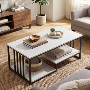 Industrial Coffee Table, Rectangular 2-Tier Center Table with Open Storage Shelf
