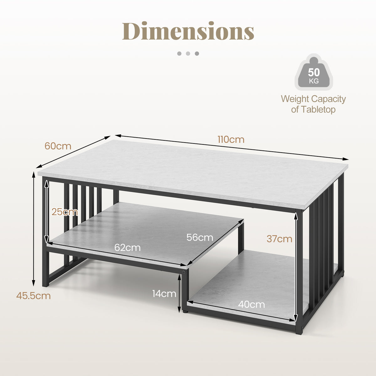 Industrial Coffee Table, Rectangular 2-Tier Center Table with Open Storage Shelf