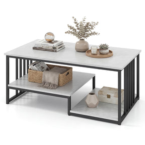 Industrial Coffee Table, Rectangular 2-Tier Center Table with Open Storage Shelf