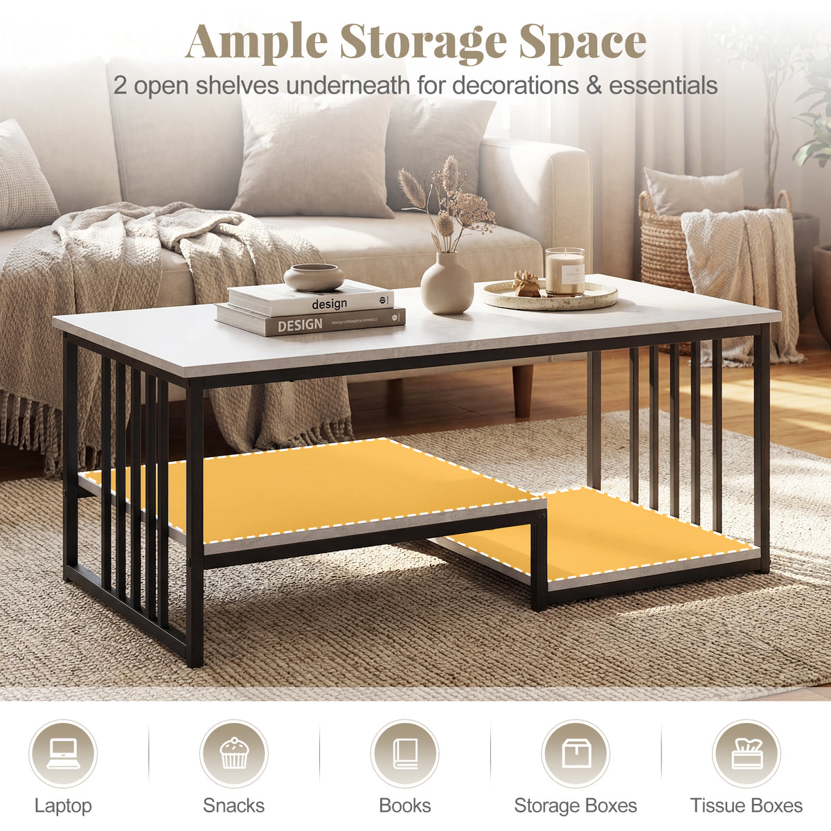 Industrial Coffee Table, Rectangular 2-Tier Center Table with Open Storage Shelf