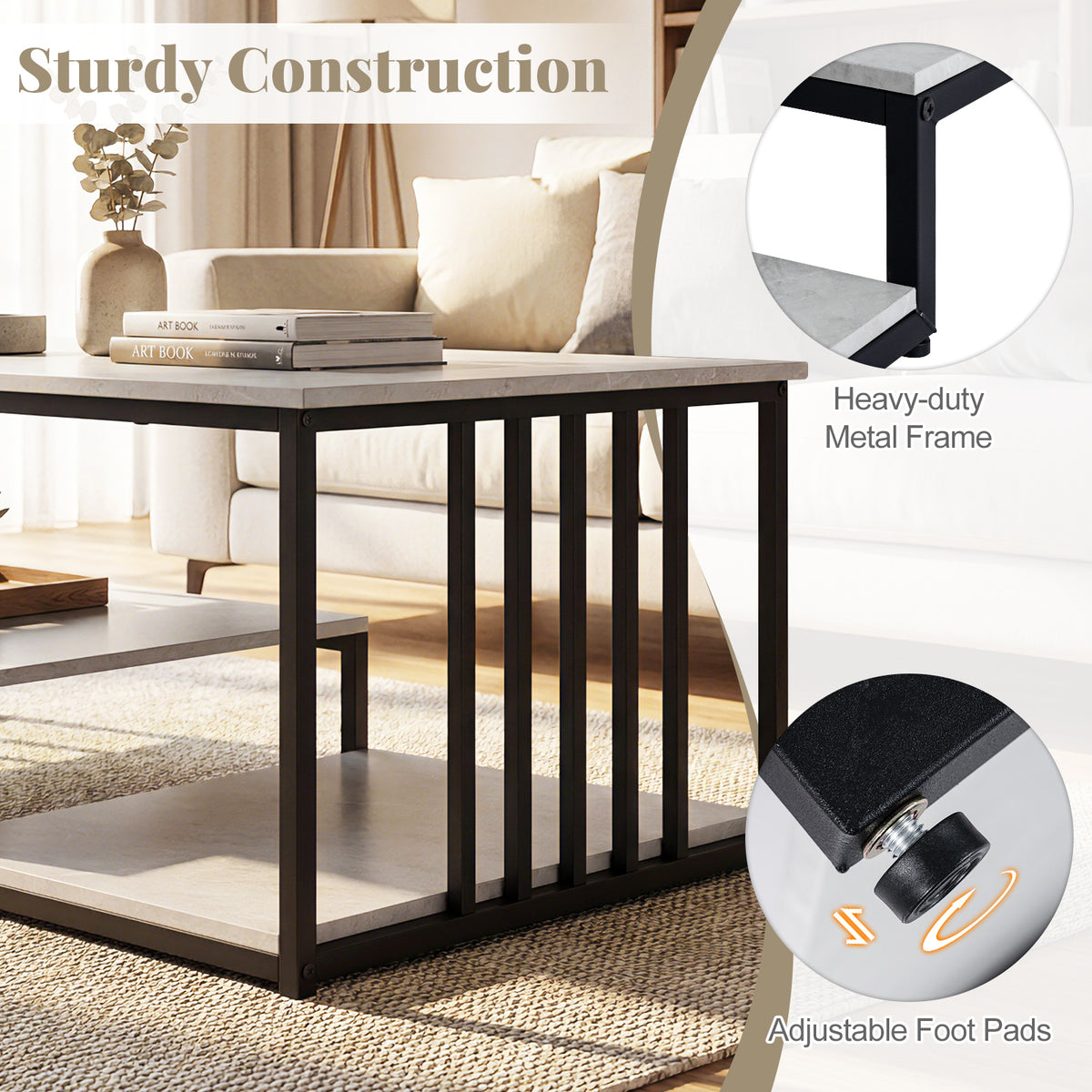 Industrial Coffee Table, Rectangular 2-Tier Center Table with Open Storage Shelf