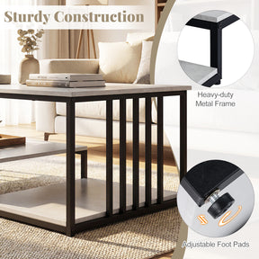 Industrial Coffee Table, Rectangular 2-Tier Center Table with Open Storage Shelf