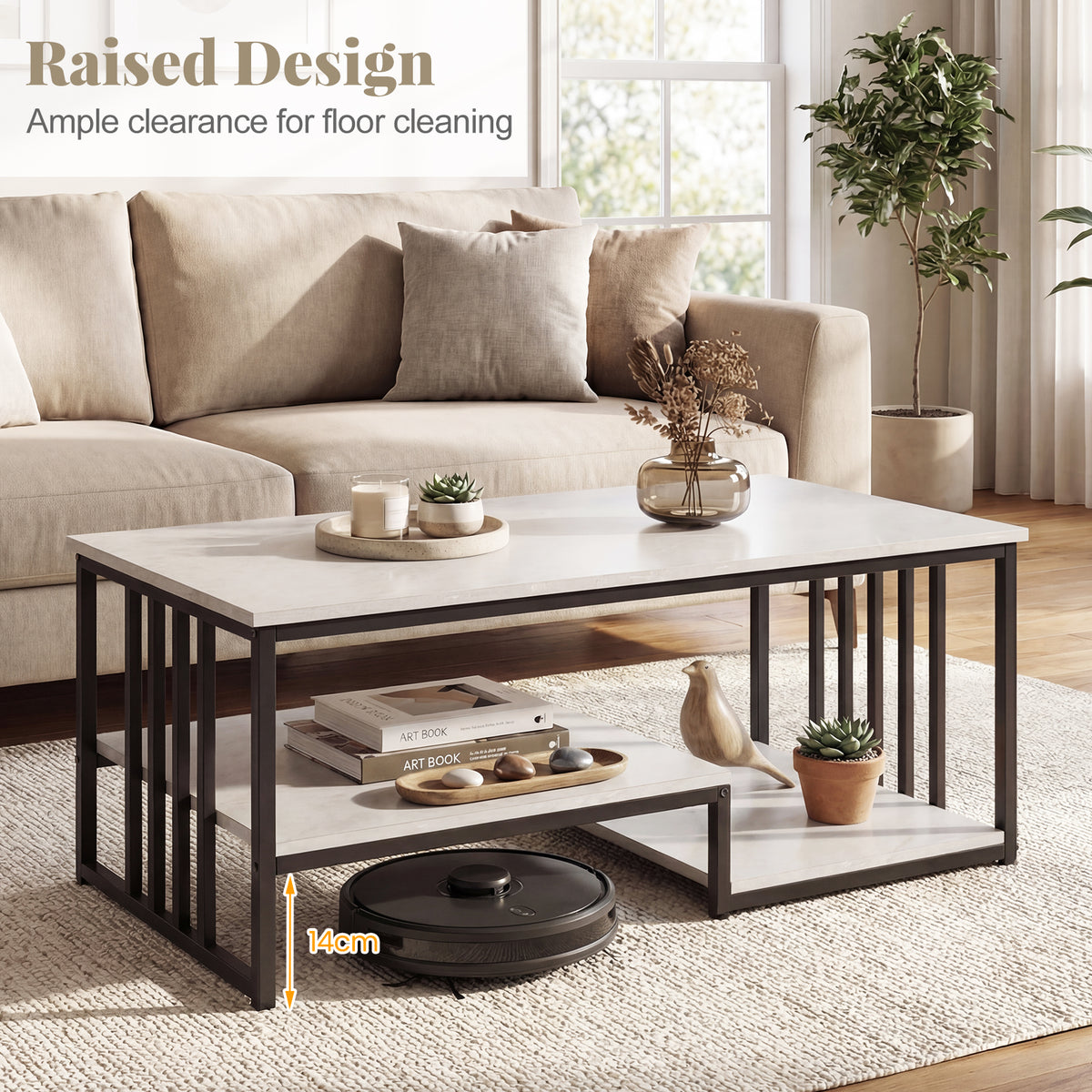 Industrial Coffee Table, Rectangular 2-Tier Center Table with Open Storage Shelf