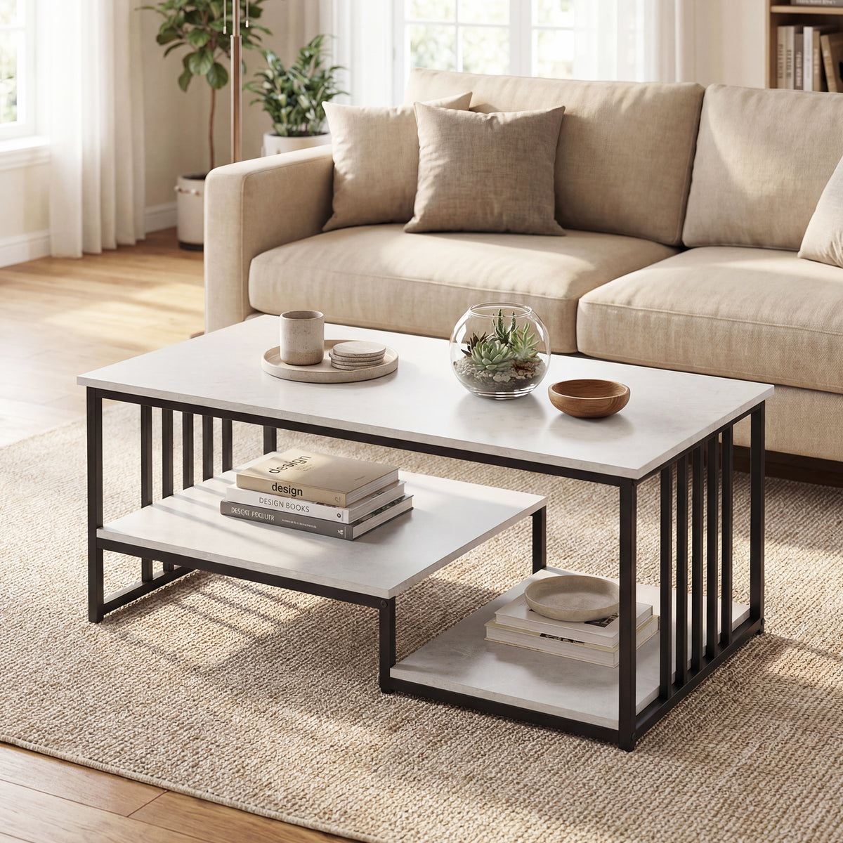 Industrial Coffee Table, Rectangular 2-Tier Center Table with Open Storage Shelf