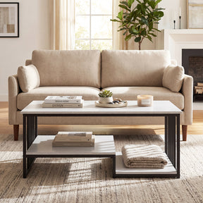 Industrial Coffee Table, Rectangular 2-Tier Center Table with Open Storage Shelf