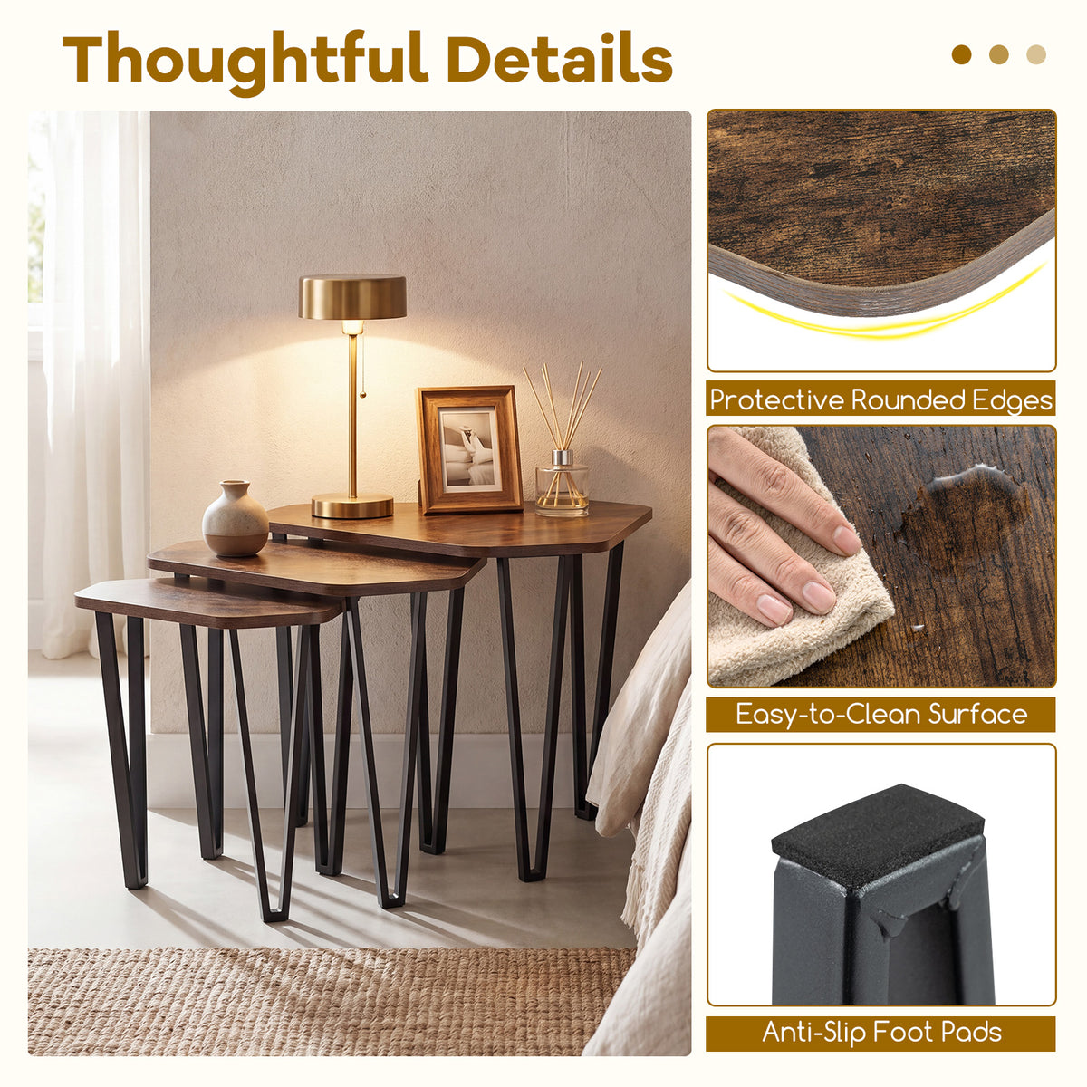 Industrial Nesting Coffee Table Set of 3, Irregular Hexagonal Sofa Side Table Set with Thick Tabletop and Metal Frame