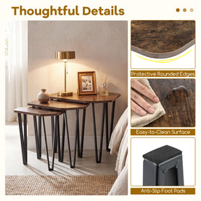Industrial Nesting Coffee Table Set of 3, Irregular Hexagonal Sofa Side Table Set with Thick Tabletop and Metal Frame