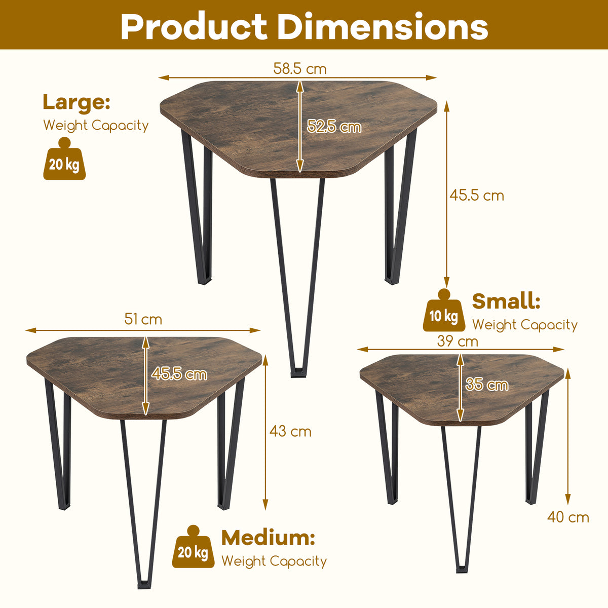 Industrial Nesting Coffee Table Set of 3, Irregular Hexagonal Sofa Side Table Set with Thick Tabletop and Metal Frame