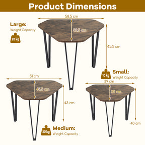Industrial Nesting Coffee Table Set of 3, Irregular Hexagonal Sofa Side Table Set with Thick Tabletop and Metal Frame