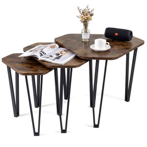 Industrial Nesting Coffee Table Set of 3, Irregular Hexagonal Sofa Side Table Set with Thick Tabletop and Metal Frame
