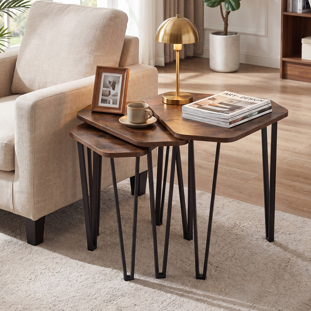 Industrial Nesting Coffee Table Set of 3, Irregular Hexagonal Sofa Side Table Set with Thick Tabletop and Metal Frame