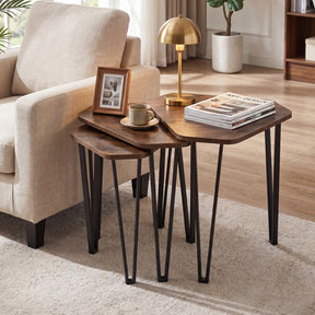 Industrial Nesting Coffee Table Set of 3, Irregular Hexagonal Sofa Side Table Set with Thick Tabletop and Metal Frame