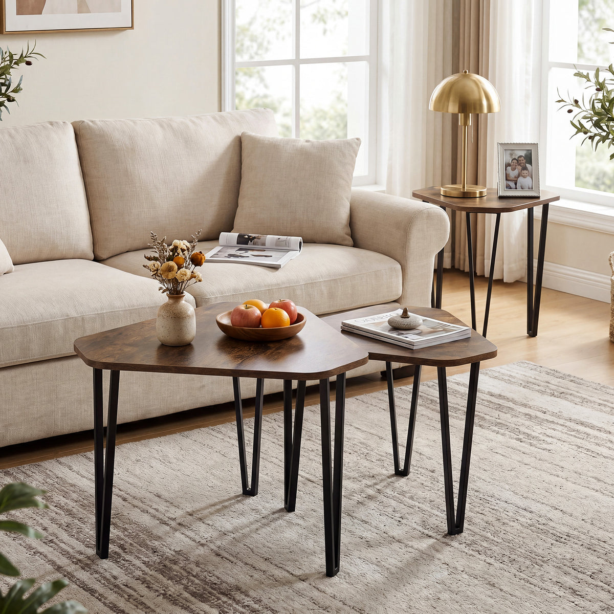 Industrial Nesting Coffee Table Set of 3, Irregular Hexagonal Sofa Side Table Set with Thick Tabletop and Metal Frame