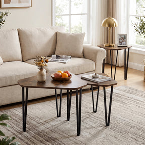 Industrial Nesting Coffee Table Set of 3, Irregular Hexagonal Sofa Side Table Set with Thick Tabletop and Metal Frame