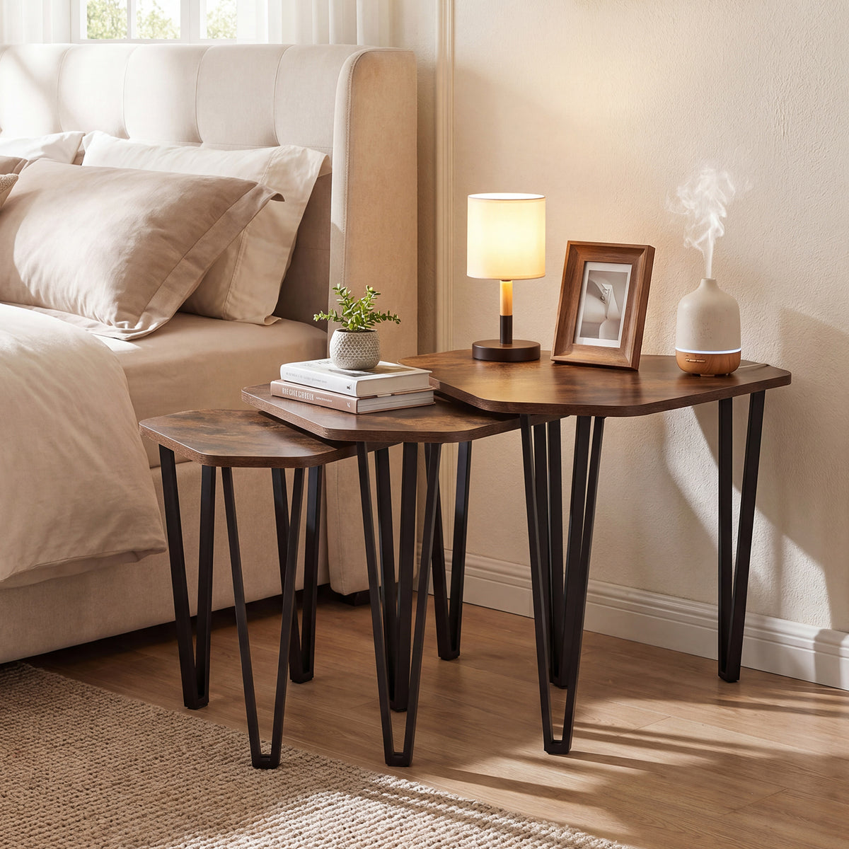 Industrial Nesting Coffee Table Set of 3, Irregular Hexagonal Sofa Side Table Set with Thick Tabletop and Metal Frame