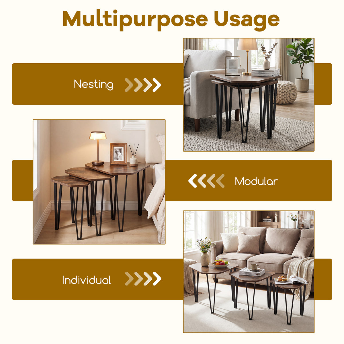 Industrial Nesting Coffee Table Set of 3, Irregular Hexagonal Sofa Side Table Set with Thick Tabletop and Metal Frame