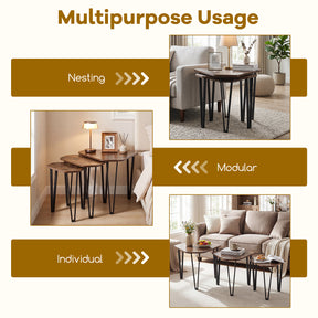 Industrial Nesting Coffee Table Set of 3, Irregular Hexagonal Sofa Side Table Set with Thick Tabletop and Metal Frame